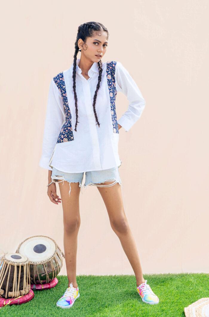White Floral Print Handwoven Block Print Vintage 100% Organic Cotton-linen Women's Boho Chic Full Sleeve Blouse Clothing - Image 1