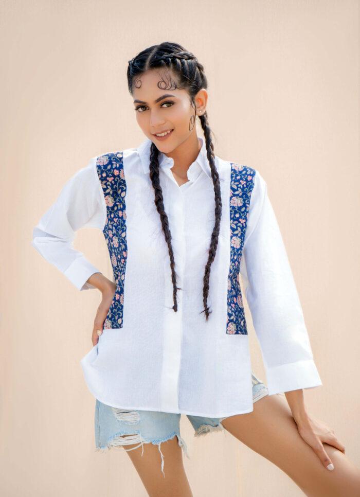 White Floral Print Handwoven Block Print Vintage 100% Organic Cotton-linen Women's Boho Chic Full Sleeve Blouse Clothing - Image 2