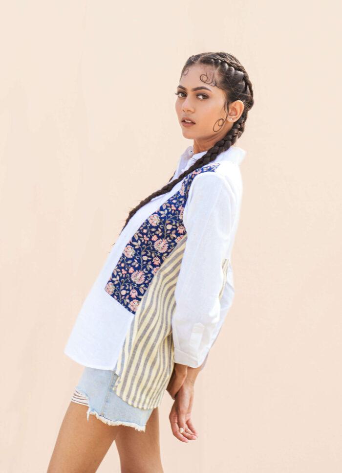 White Floral Print Handwoven Block Print Vintage 100% Organic Cotton-linen Women's Boho Chic Full Sleeve Blouse Clothing - Image 3