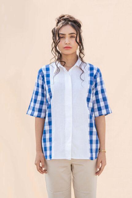 White and Blue 100% Organic Cotton Ikat Half Sleeves Office Wear Relaxed Fit Women Clothing Shirt