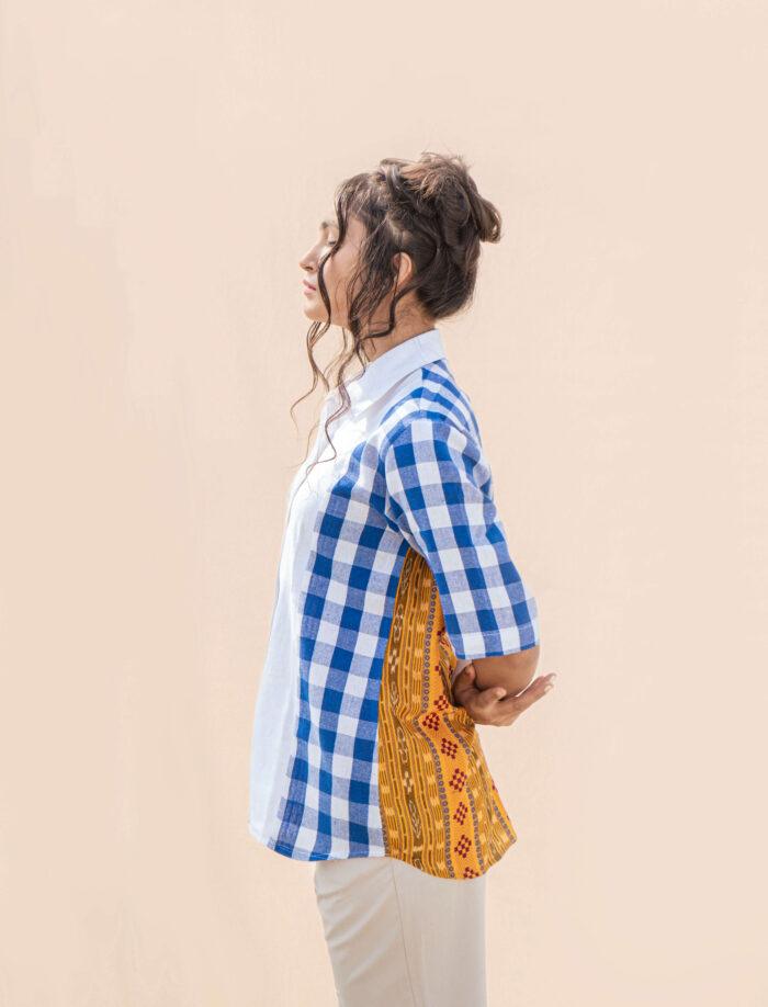 White and Blue 100% Organic Cotton Ikat Half Sleeves Office Wear Relaxed Fit Women Clothing Shirt - Image 4