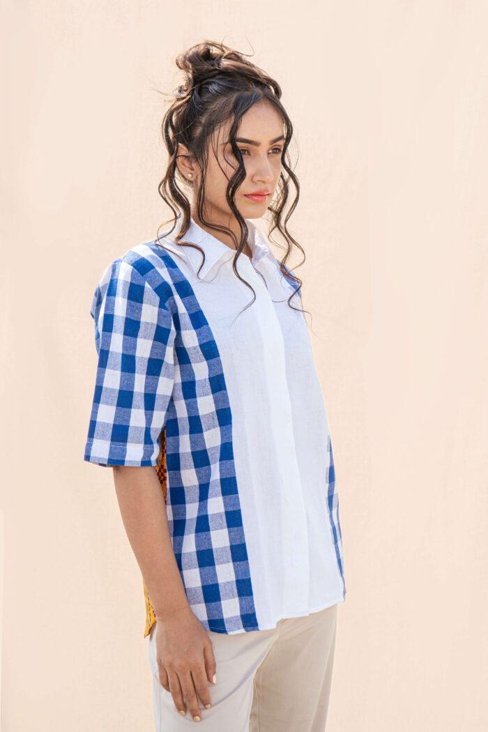 White and Blue 100% Organic Cotton Ikat Half Sleeves Office Wear Relaxed Fit Women Clothing Shirt - Image 3