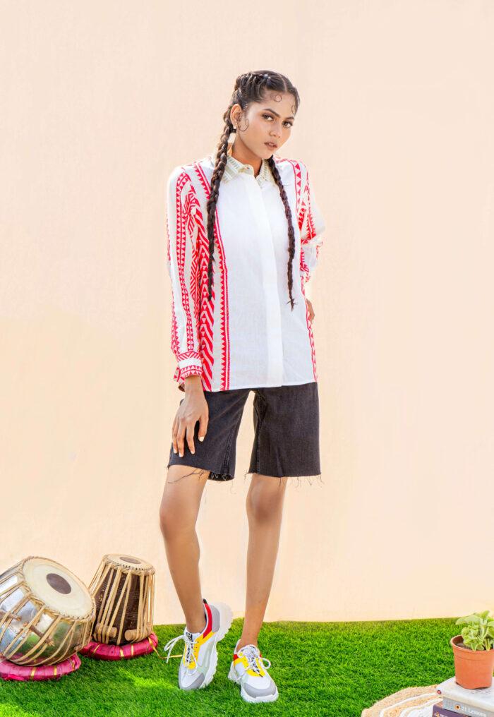 White 100% Organic Cotton Tribal Design Relaxed Fit Super Comfy Handwoven Boho Chic Womens Full Sleeve Clothing Shirt - Image 3