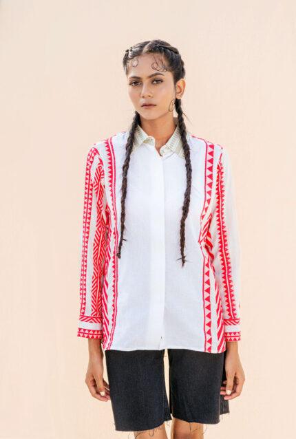 White 100% Organic Cotton Tribal Design Relaxed Fit Super Comfy Handwoven Boho Chic Womens Full Sleeve Clothing Shirt