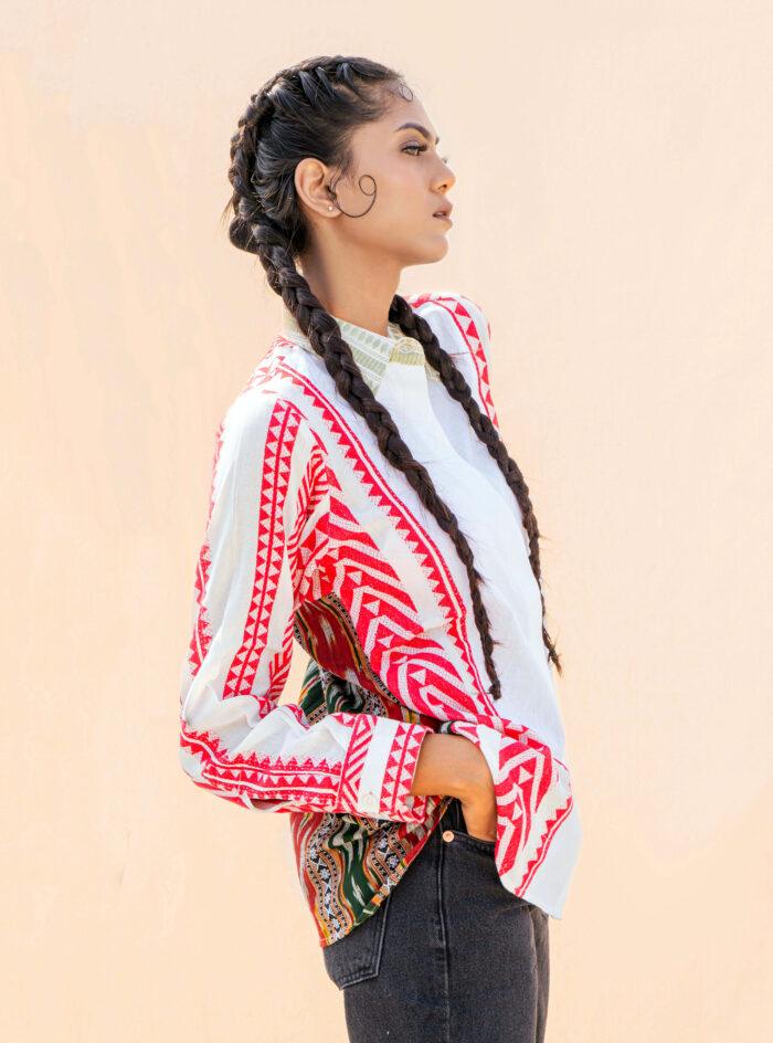 White 100% Organic Cotton Tribal Design Relaxed Fit Super Comfy Handwoven Boho Chic Womens Full Sleeve Clothing Shirt - Image 5