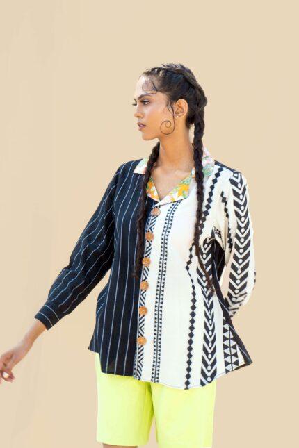 Handmade 100% Organic Cotton Black and White Full Sleeve Women's Bohemian Clothing Blouse