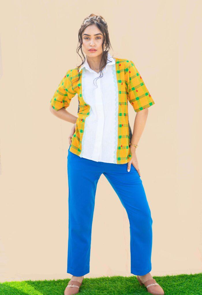 Boho Summer Blouse White Women 100% Cotton Tunic Top with Yellow and Blue Ikat and Lace Casual Comfy Clothing - Image 2
