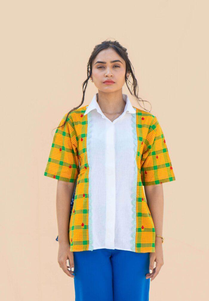 Boho Summer Blouse White Women 100% Cotton Tunic Top with Yellow and Blue Ikat and Lace Casual Comfy Clothing - Image 3