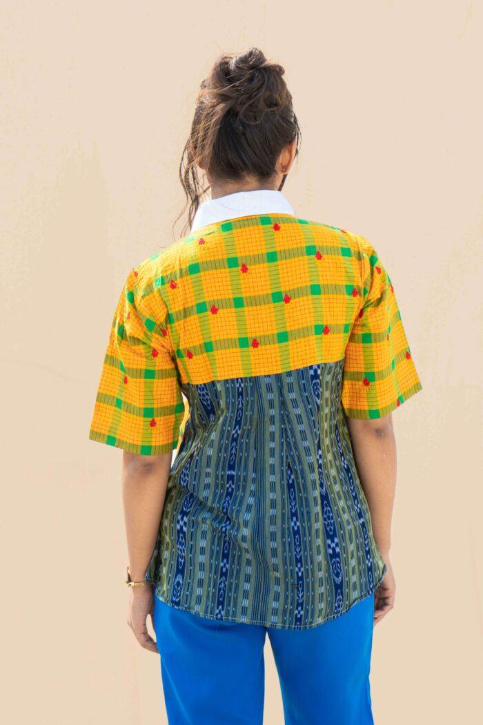 Boho Summer Blouse White Women 100% Cotton Tunic Top with Yellow and Blue Ikat and Lace Casual Comfy Clothing - Image 1
